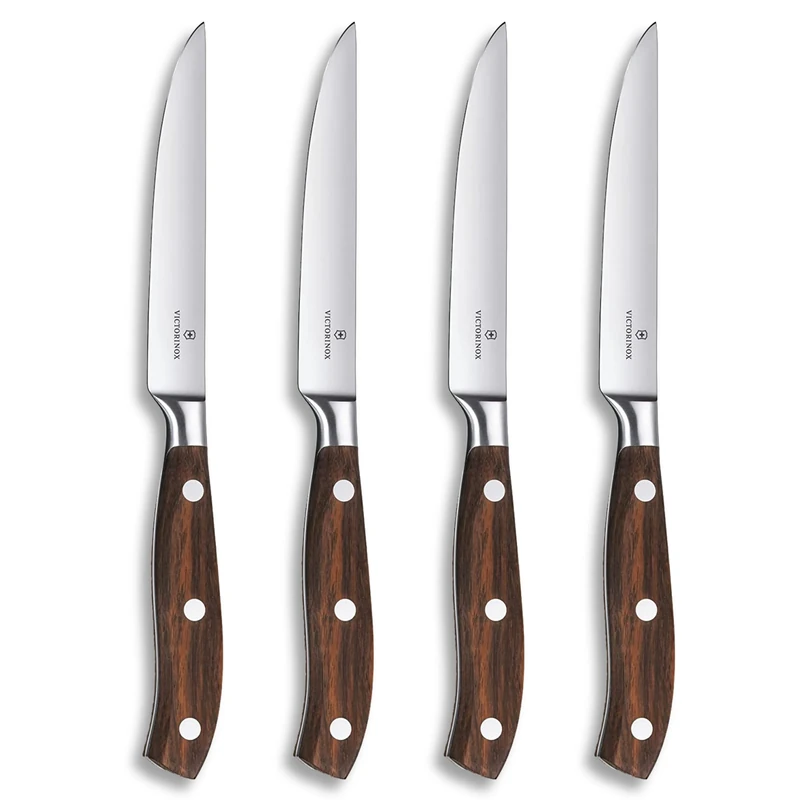 Victorinox Grand Maître Steak Knife Set, 4 pcs., Extra Sharp Blade, Straight Edge, 12 cm, Wooden Handle, Stainless Steel, Brown