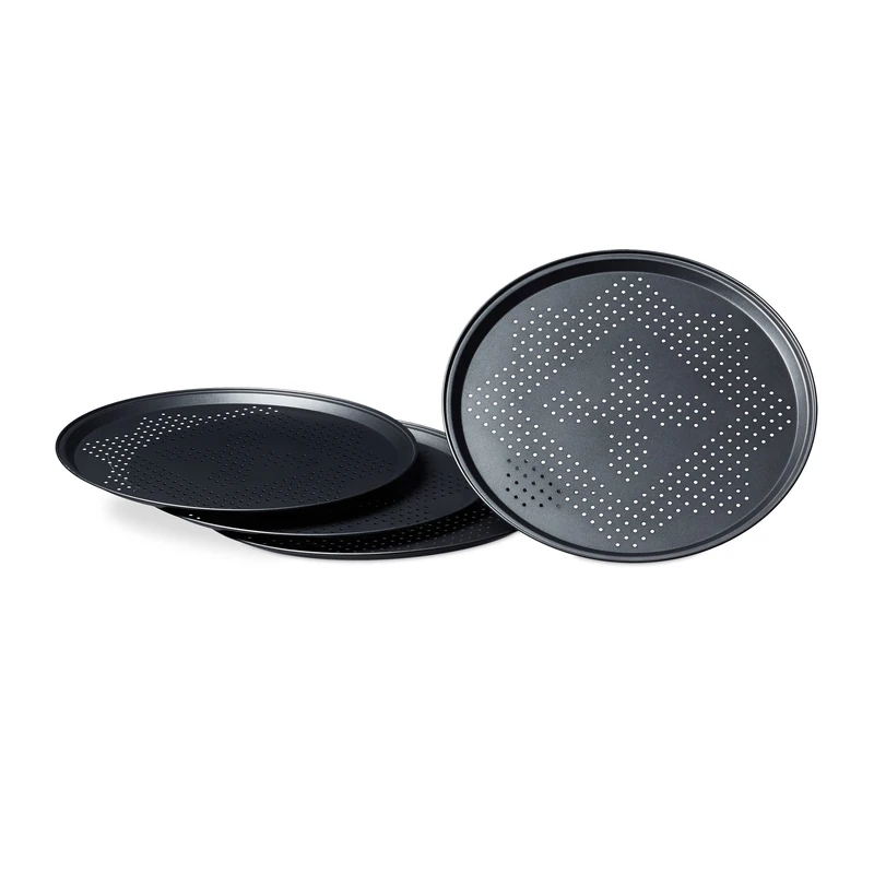 Relaxdays Pizza Pans with Perforations Set Round Pizza Baking Trays with Large Inner Diameter of 29 cm Tray for Pizza and Tarte Flambee Pizza Baking Set 4 Piece Set w/ Non-Stick Coating, Gray