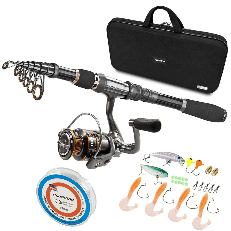 PLUSINNO Telescopic Fishing Rod and Reel Combos Full Kit, Carbon Fiber Fishing Pole, 12 +1 Shielded Bearings Stainless Steel BB Spinning Reel