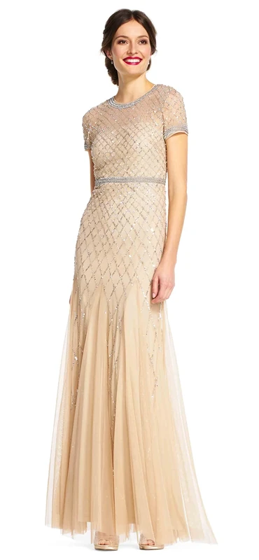 Adrianna Papell womens091904940Short-sleeve Beaded Mesh Gown Short-Sleeve Dress - Metallic - 16 Champagne