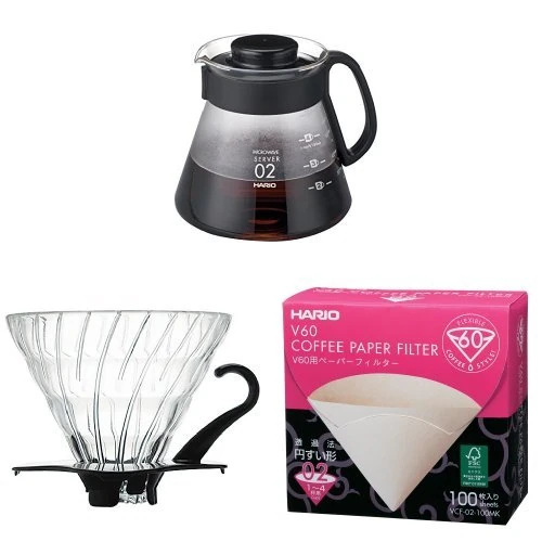 Hario V60 Coffee 02 Glass Server and V60 Glass Dripper 02 Black with V60 Misarashi Paper Filters