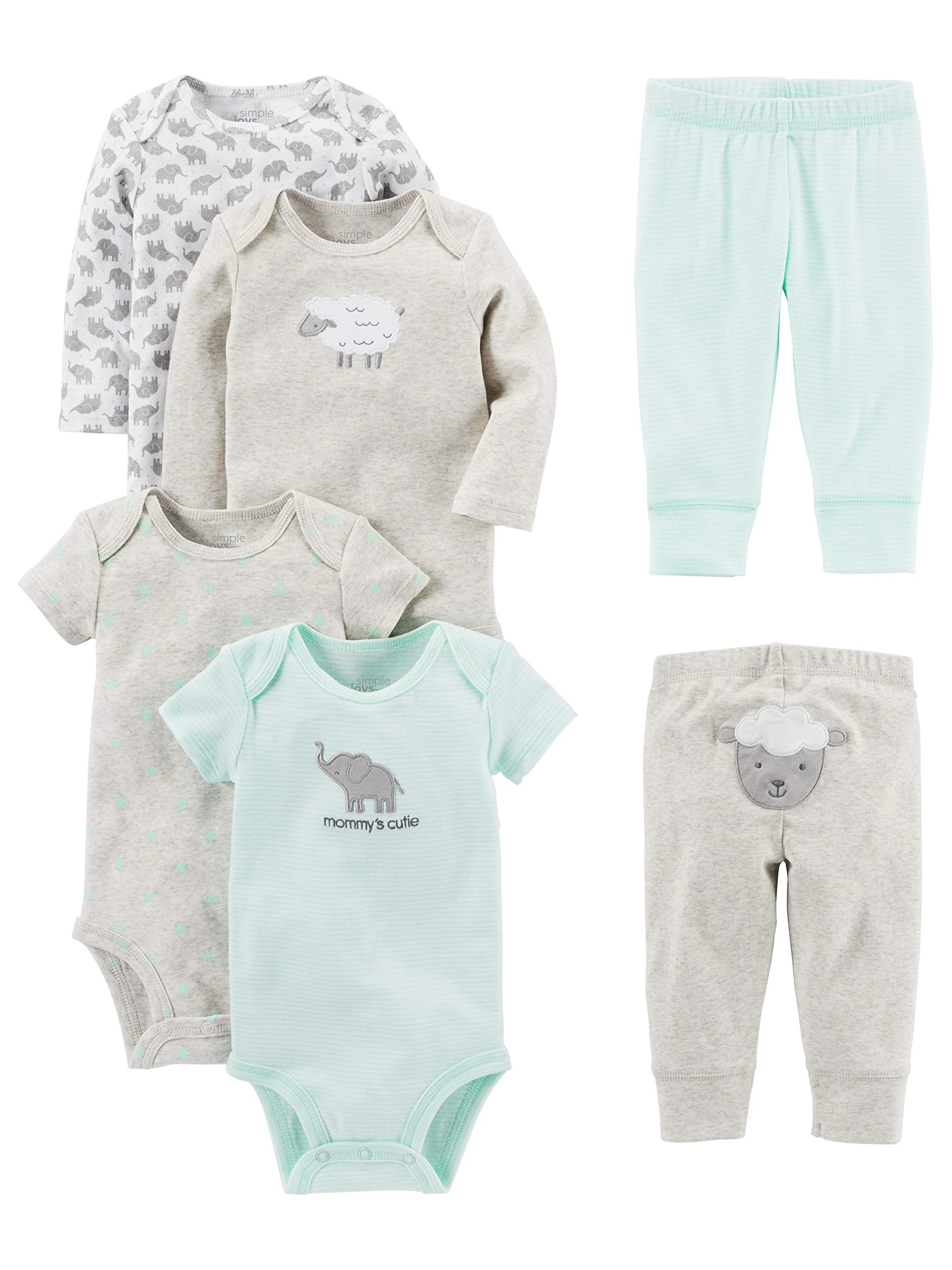 Simple Joys by Carter's baby-boys 6-piece Bodysuits (Short and Long Sleeve) and Pants Set, Grey/Mint Green/Elephant/Lamb, 18 Months