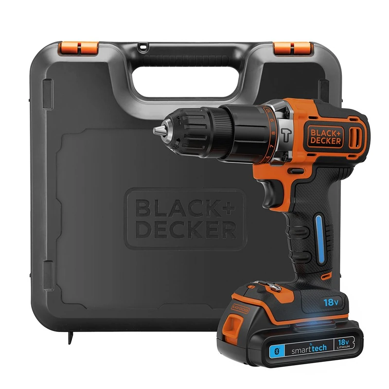 BLACK+DECKER 18V Cordless Smart Tech Hammer Drill Driver Power Tool with Kitbox, 1.5 Ah Lithium-Ion, BDCHD18KST-GB
