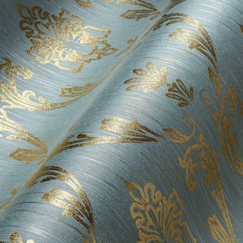 Architects Paper 306586 30658-6 Metallic Silk Wallpaper with Ornaments Baroque 10.05 m x 0.53 m Blue Green Metallic Made in Germany