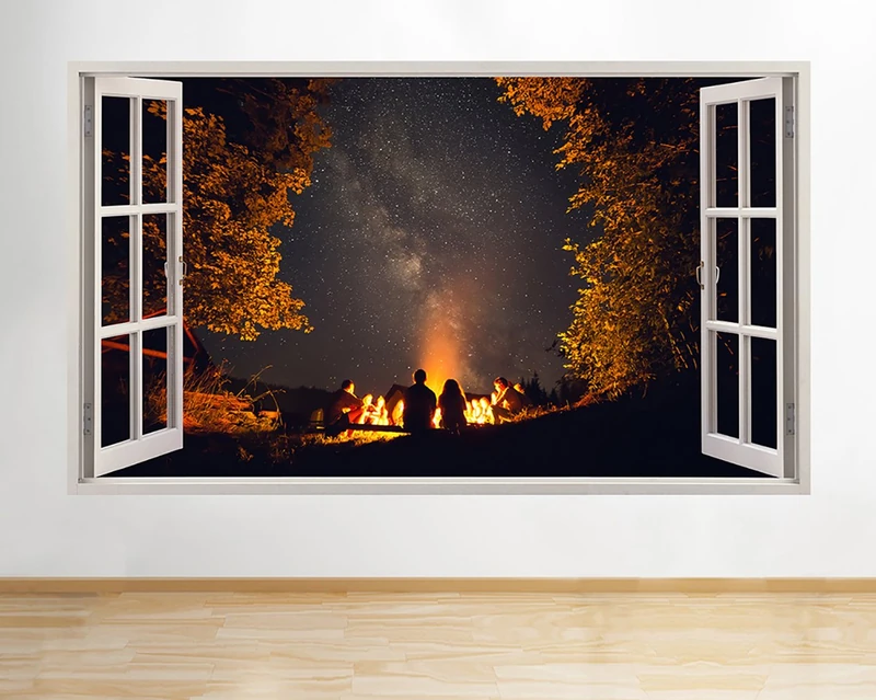 H678 Camping Fire Night Stars Sky Window Wall Decal 3D Art Stickers Vinyl RoomKids Bedroom Baby Nursery Cool Livingroom Hall Boys Girls (HUGE (100x175cm))