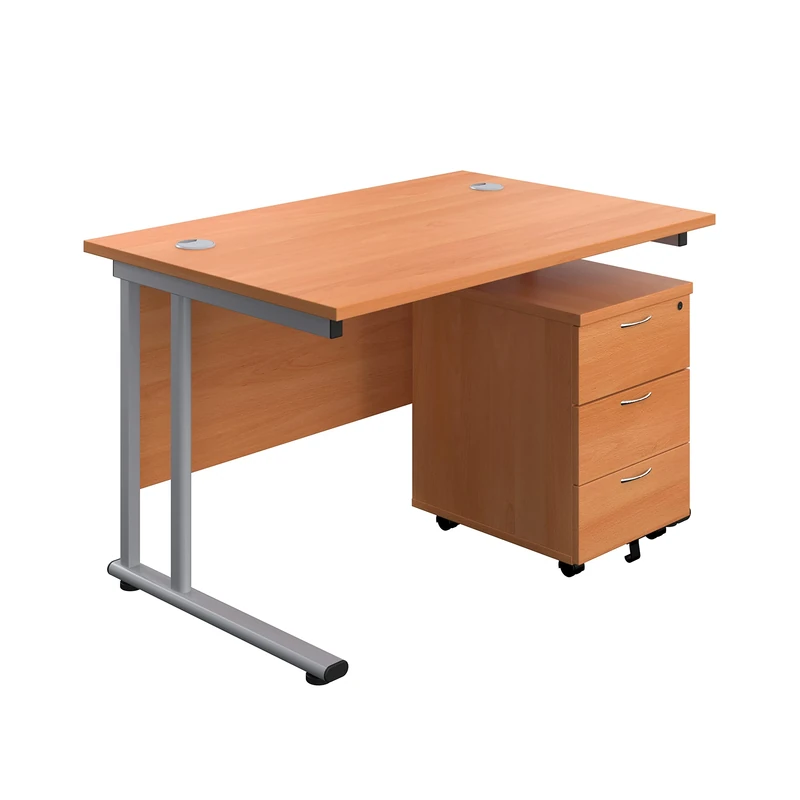 Office Hippo Professional Cantilever Office Desk With 3 Drawer Mobile Pedestal, Wood, Beech, Silver Frame, 120 x 80 x 73 cm