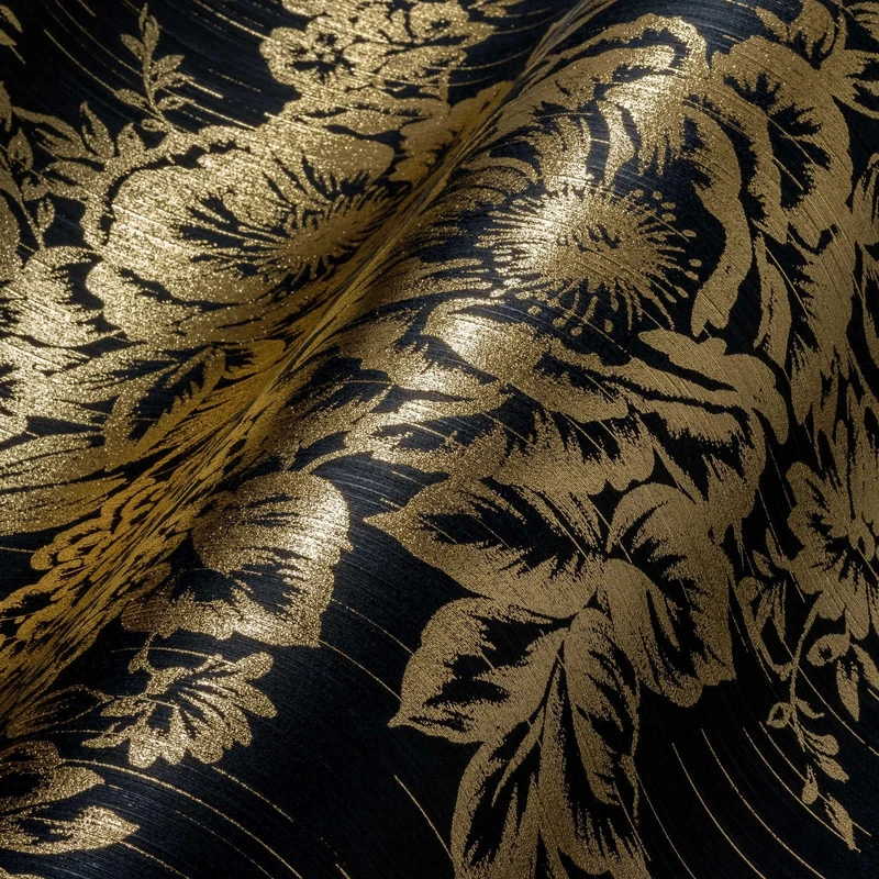 Architects Paper Textile Wallpaper Metallic Silk Wallpaper with Flowers Floral 10.05 m x 0.53 m Metallic Black Made in Germany 306577 30657-7