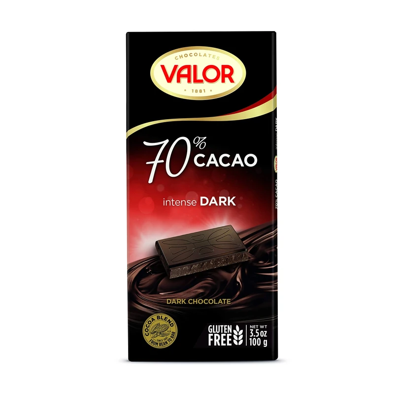 Valor Gluten Free Chocolate – 70% Dark Chocolate – Premium Gluten Free Dark Chocolate Bars - Vegan Chocolate – 100g Bar