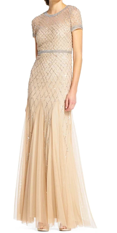 Adrianna Papell Beaded Mesh Gown - Champagne Metallic - 14