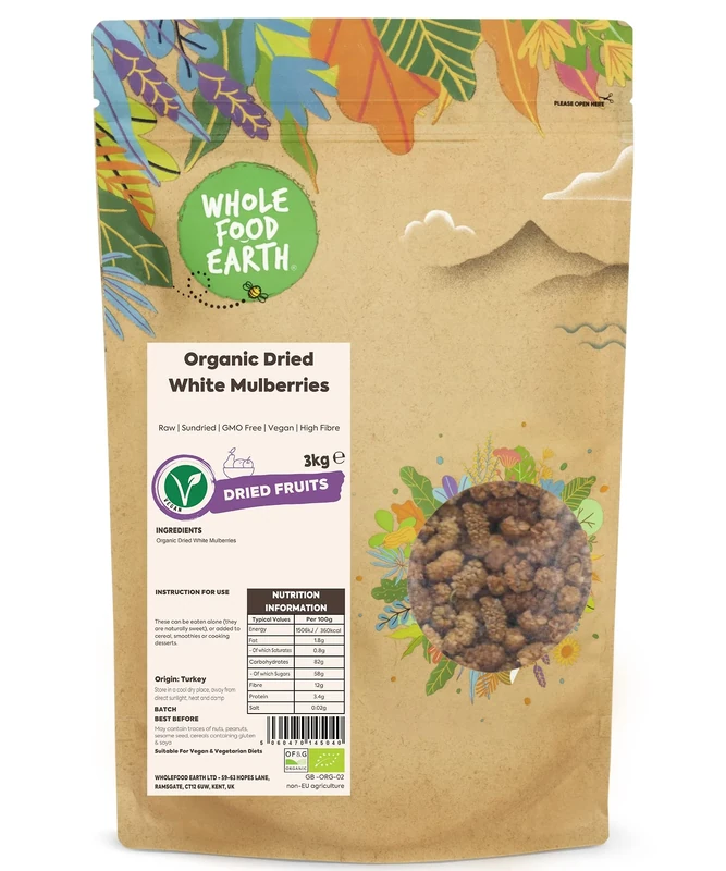 Wholefood Earth Organic Dried White Mulberries – 3 kg | Raw | Sundried | GMO Free | Vegan | High Fibre | Certified Organic