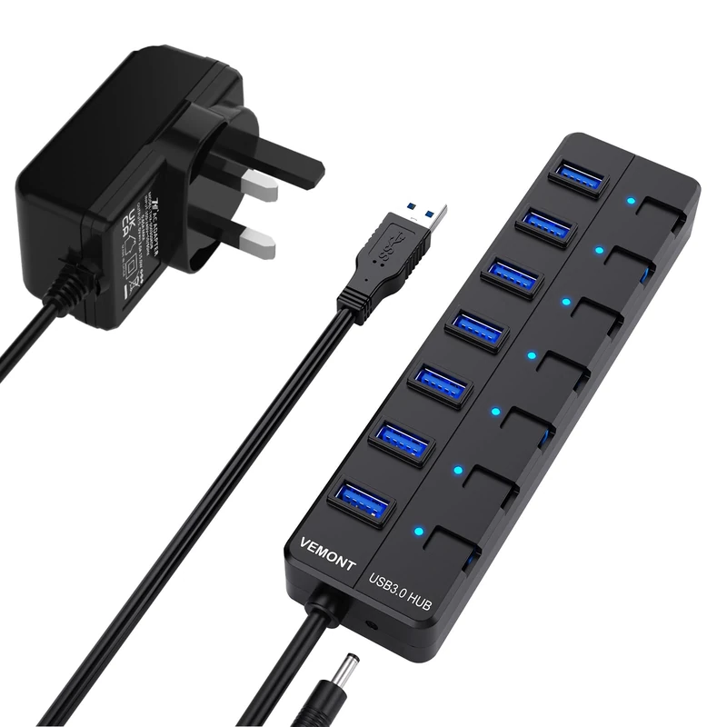 VEMONT 7 Port USB 3.0 Hub - Powered USB Splitter with Switches - Image 1