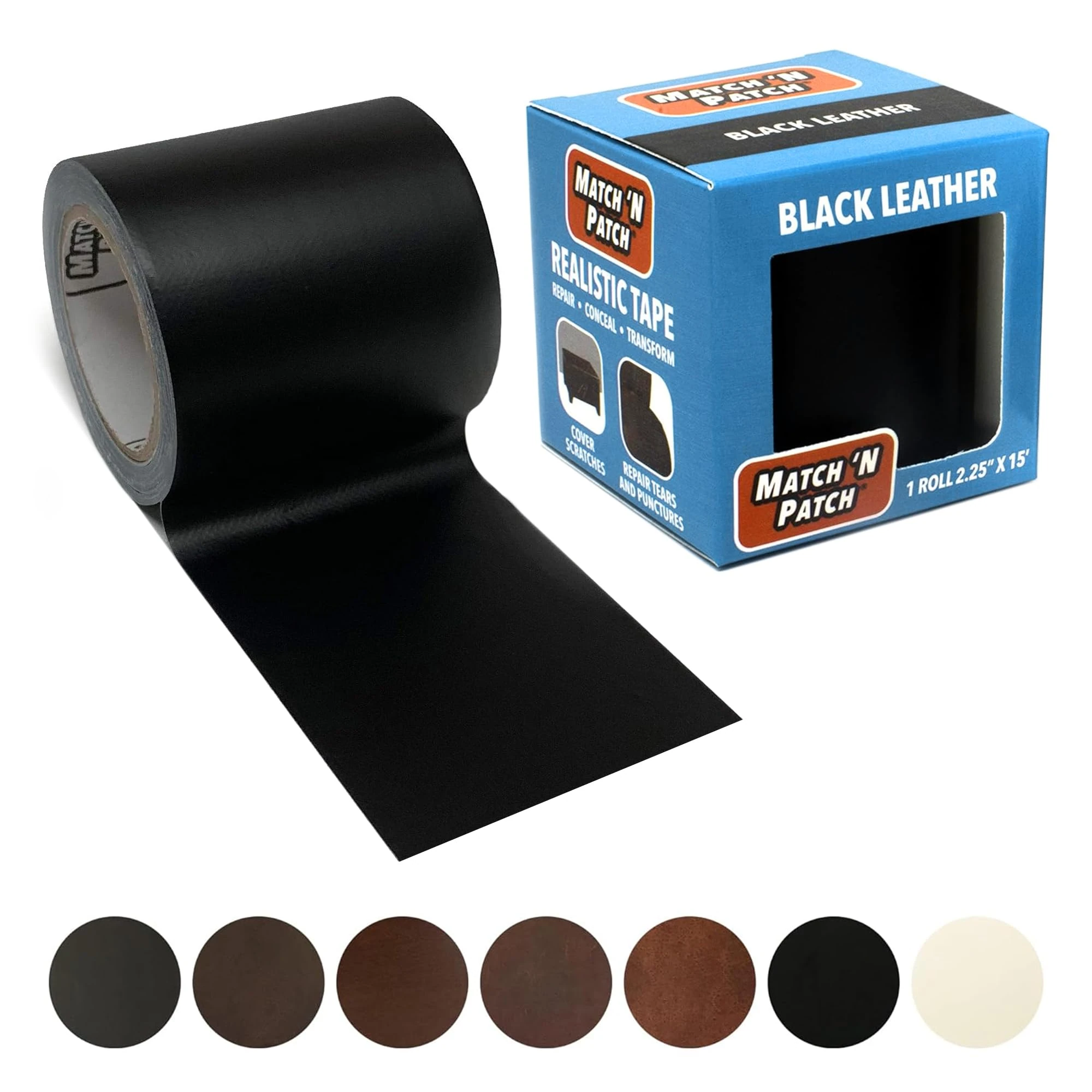 MATCH 'N PATCH Leather Repair Tape - Realistic Printed Leather Pattern for Vinyl, & Synthetic Repairs, Conceal Rips, Scratches, and Tears, for Furniture Fix, Crafts, & DIY - 15 ft x 2.25" Roll, Black