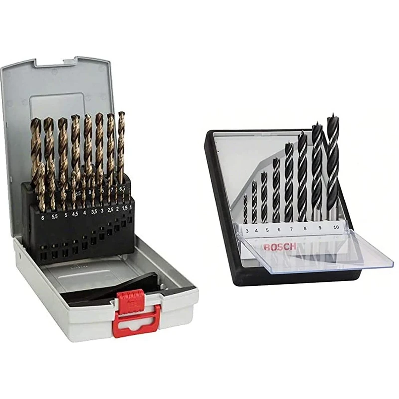 Bosch Professional 2608587014 19-Piece HSS-Cobalt ProBox Metal Drill Bit Set, Gold, 1mm-10mm & 2607010533 8-Piece Robust Line Brad Point Drill Bit Set (for Wood, Accessories for Drill Drivers)