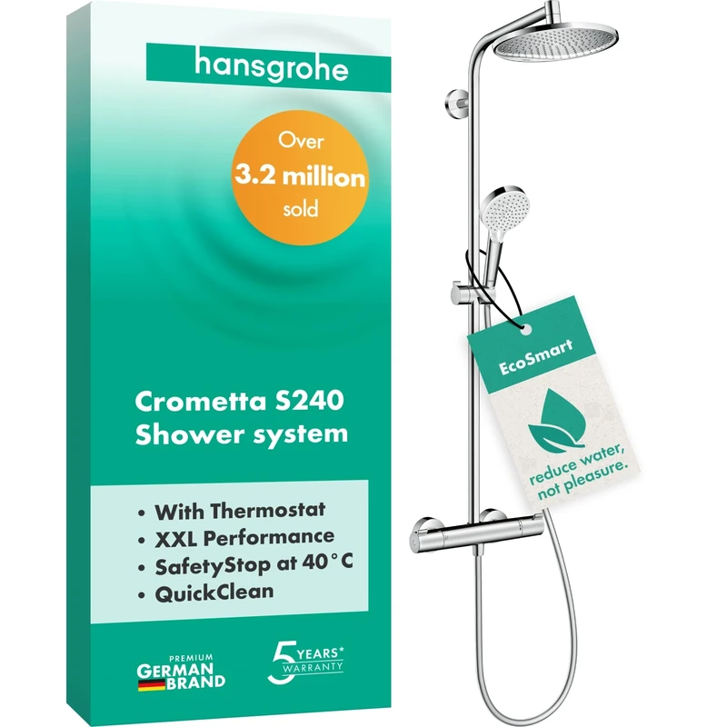 Hansgrohe Crometta S - Thermostat Shower System With Rainfall Head (⌀ 240 mm), Hand Shower (1 Spray), Hose, Rail and Round Head (1 Spray), Chrome, 27268000