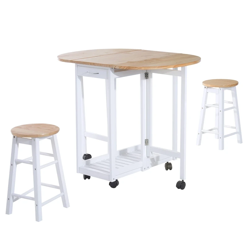 HOMCOM 3 Pieces Dining Room Set, Mobile Foldable Dining Table and 2 Stools with Storage Shelf, 2 Drawers and 6 Wheels, Drop Leaf Bar Table and Stools for Home Kitchen Pub, White