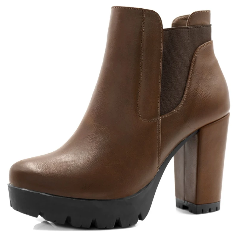 Allegra K Women Chunky Heel Platform Zipper Chelsea Boots Brown 6.5 UK/Label Size 8.5 US