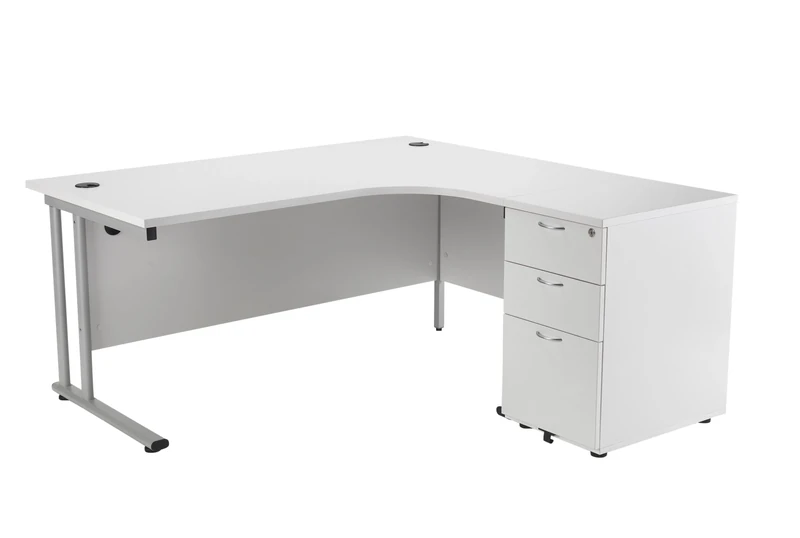 Office Hippo Modern L-Shape Computer Desk with 3-Drawer Filing Pedestal, Integrated Cable Ports, 160 cm x 120 cm x 73 cm, White Top, Silver Frame
