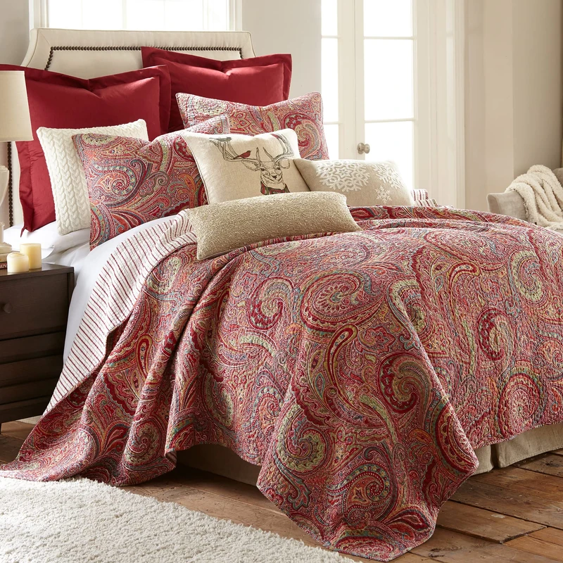Levtex Home - Spruce Red Quilt Set - King/Cal King Quilt (106x92in.) + Two King Pillow Shams (36x20in.) - Paisley Pattern in Burgundy, Red, Tan, Grey - Reversible - Cotton
