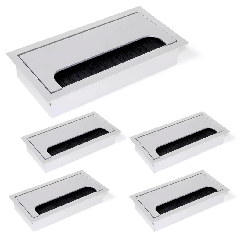 Emuca - Set of 5 Square Built-in Metal Grommets for Table/Desk/worktop 160x80mm (6,2x3,14 inch), matt Anodized Aluminium