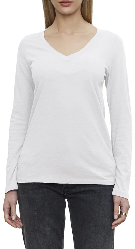 Velvet by Graham & Spencer Women's Blaire Longsleeve v-Neck tee T-Shirt, White, X-Small