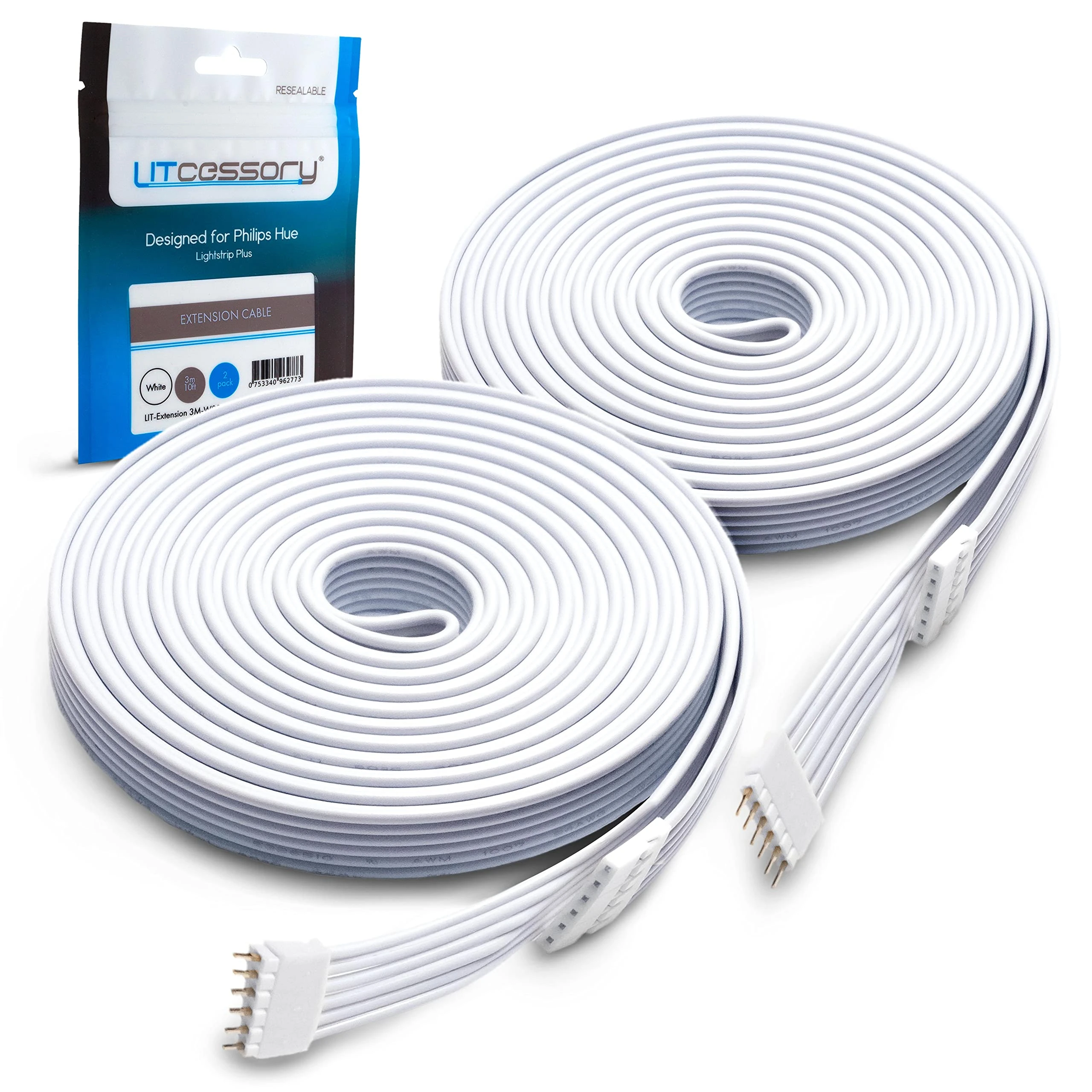 Litcessory Extension Cable for Philips Hue/WiZ Lightstrip (3m, 2 Pack, White - STANDARD 6-PIN V3 / WiZ Lightstrip)