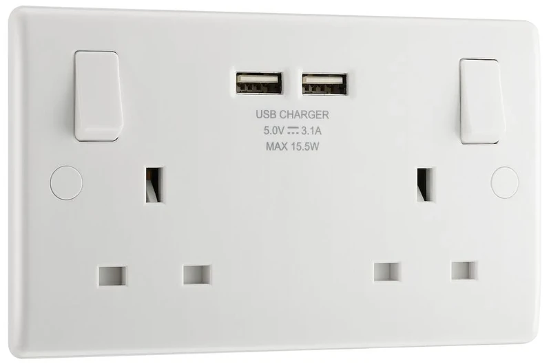 BG Electrical Double Switched Power Wall Plug Socket with Two USB Charging Ports, Round Edge, White Moulded, 13A, 15W, 822U3