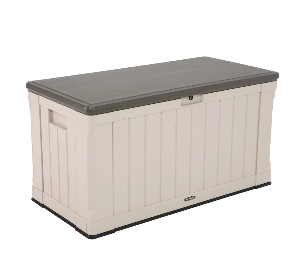 LIFETIME 60186 Heavy-Duty Outdoor Storage Deck Box 439.11 L Outdoor Storage Box, Desert Sand Wood Look, 127.9 x 64 x 67.2 cm