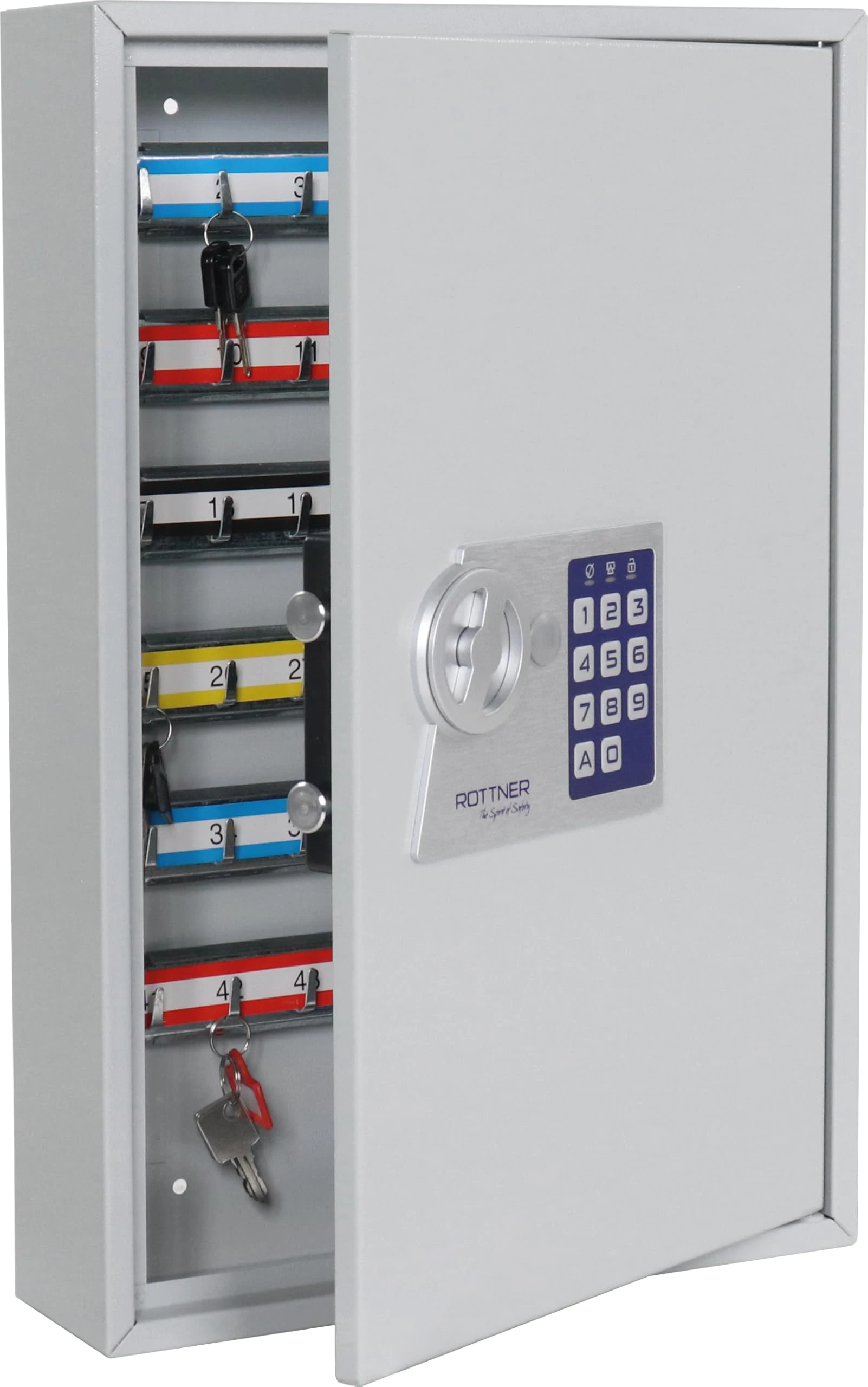 Rottner Key Cabinet S 64 with electronic lock, includes 64 key tags, adjustable hook strip, and mounting materials