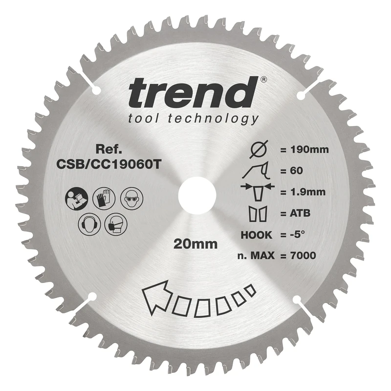 Trend Wood Cordless Mitre Saw Blade, 190mm Diameter, 20mm Bore, 60 Teeth, 1.9mm Kerf, -5° Hook, TCT, Extra-Fine Finish, CSB/CC19060T
