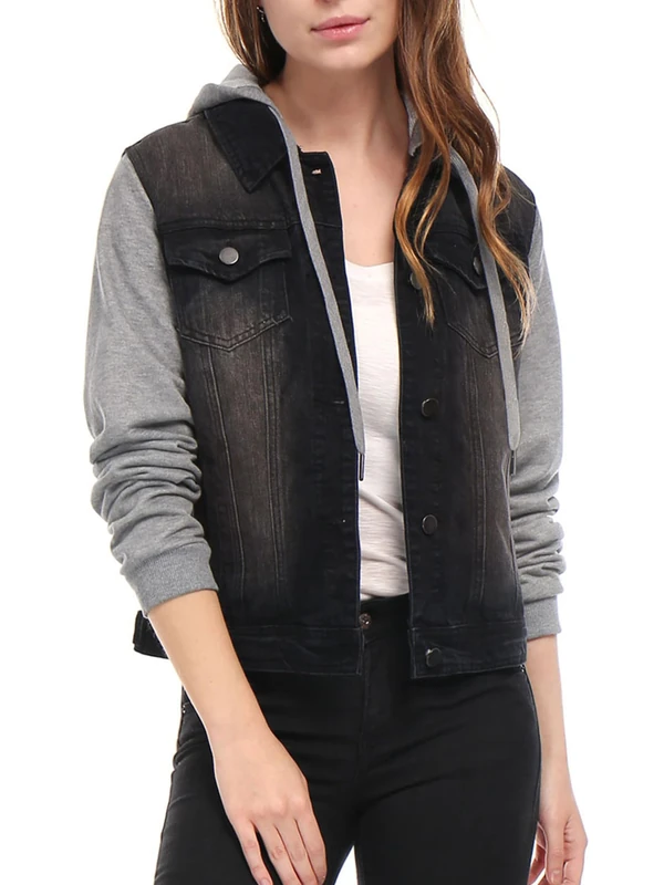 Allegra K Women's Layered Drawstring Hood Denim Jacket with Pockets Black M