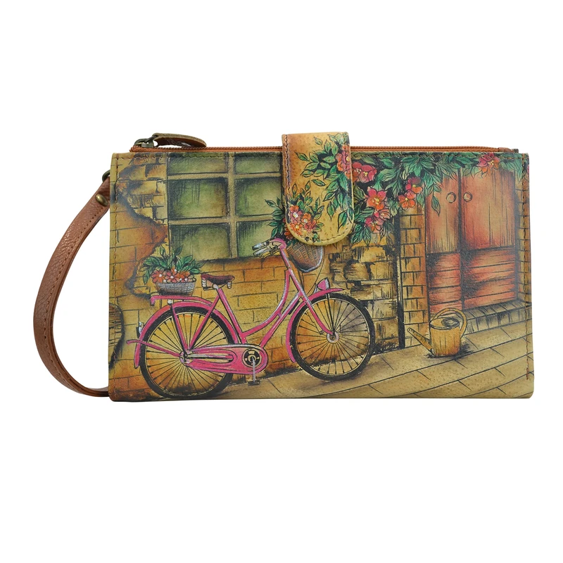 Anuschka Hand-Painted Genuine Leather Women's Cell Phone Case & Wallet - Vintage Bike