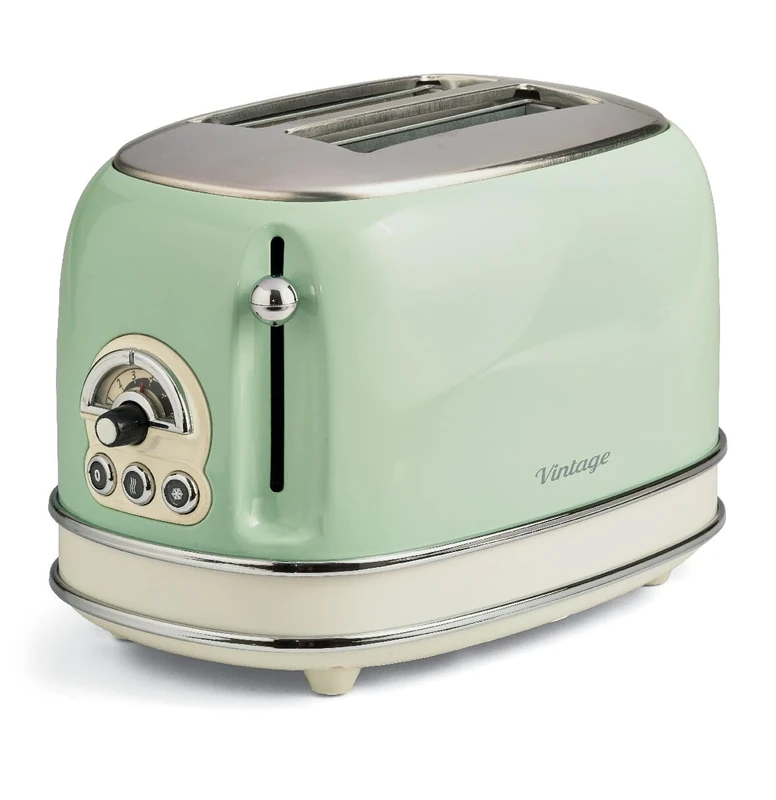 ARIETE 155/14 Toaster 2 wide slots, vintage, 6 positions, defrost, reheat, cancel function, cold walls, non-slip feet, cord wrap, 810 W green/cream color