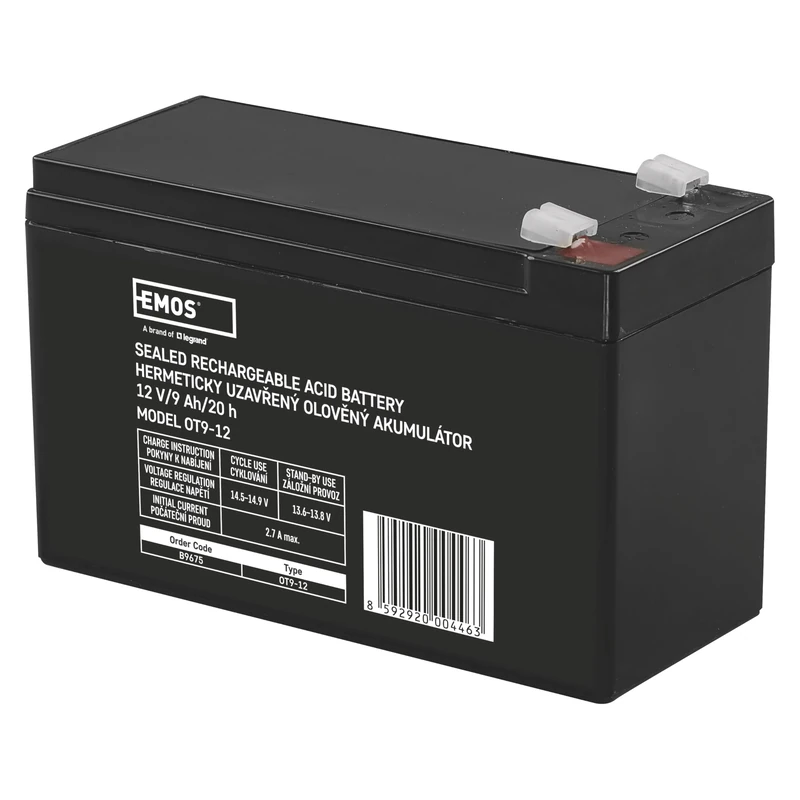Emos Maintenance-Free Lead Acid Battery 12 Volt, 9 Ah Faston 6.3 mm – Pack of 1 B9675
