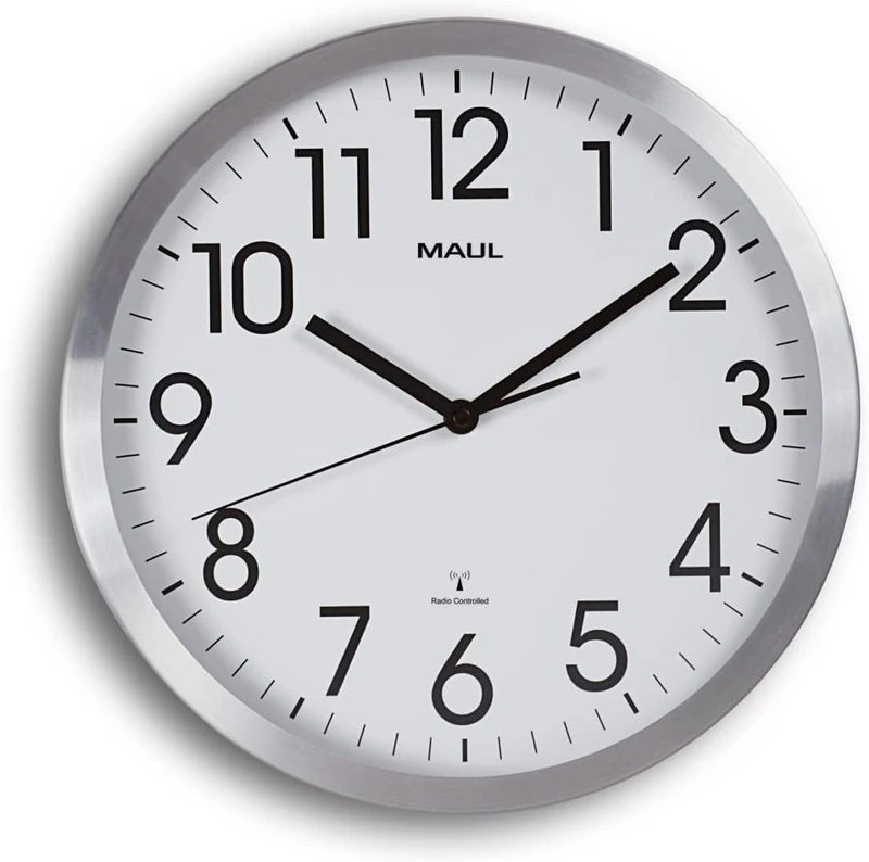 Maul MAULmove Radio Wall Clock Diameter 30 cm Elegant Wall Clock Made of Mineral Glass Automatic Time Setting Sturdy Aluminium in Modern Design for Office and Indoor Use Silver