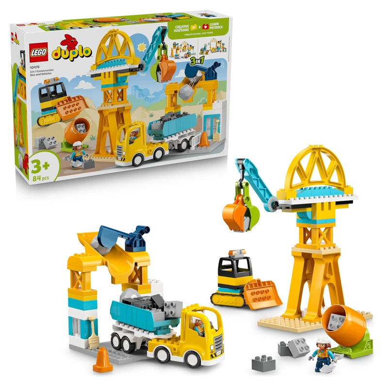 LEGO DUPLO 3 in 1 Construction Site and Vehicles - Educational Fine Motor Skills Toy for Toddlers - incl. Trucks, Cranes, Diggers - Birthday Gift for 3+ Year Old Boys & Girls - 10476