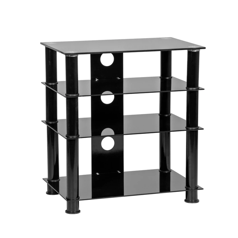 MMT Furniture Designs Record Player Stand Hi-Fi Unit - Black Glass TV Stand Cabinet with 4 Shelves, 650cm Tall - Elegant Hi-Fi Stand for Record Player, AV Rack, and Media Equipment
