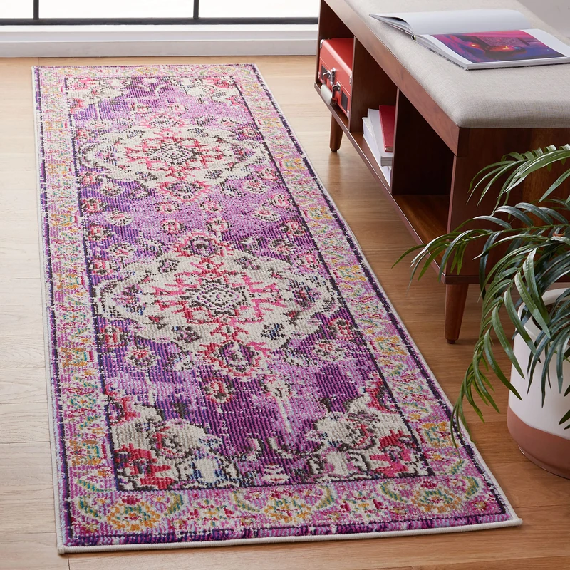 Safavieh Boho Rug for Living Room, Dining Room, Bedroom - Monaco Collection, Short Pile, in Violet and Fuchsia, 66 x 244 cm