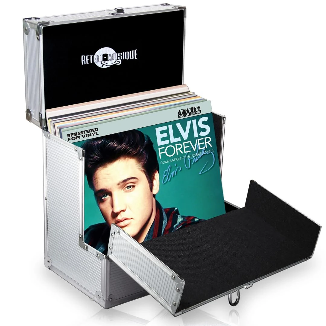 Retro musique 12 Inch Vinyl Record Storage with 40 12" Outer Sleeves | Vinyl Storage Box with Unique Front Flap Opening | LP Storage Boxes Holds up to 40 LP's | Record Box Perfect for Your Vinyls