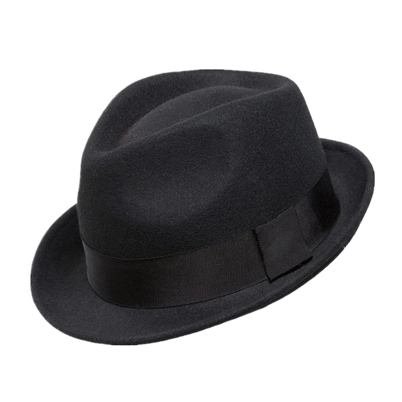 Home Prefer Men's Wool Felt Winter Hat Short Brim Fedora Hat - Black -