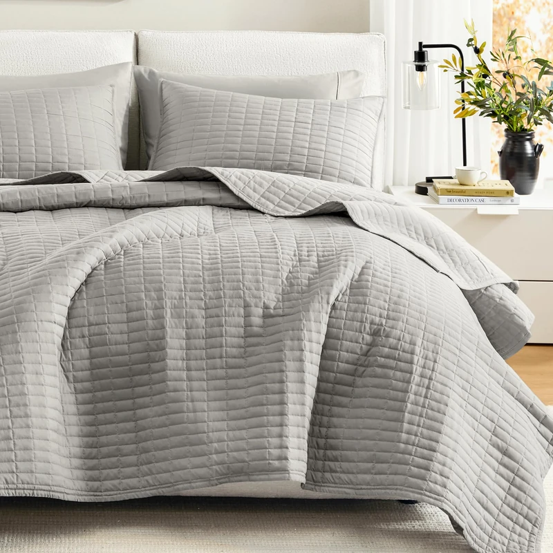 Comfort Spaces - CS14-0060 Kienna Quilt Coverlet Bedspread Ultra Soft Hypoallergenic All Season Lightweight Filling Stitched Bedding Set, King 104"x90", Gray 2 Piece
