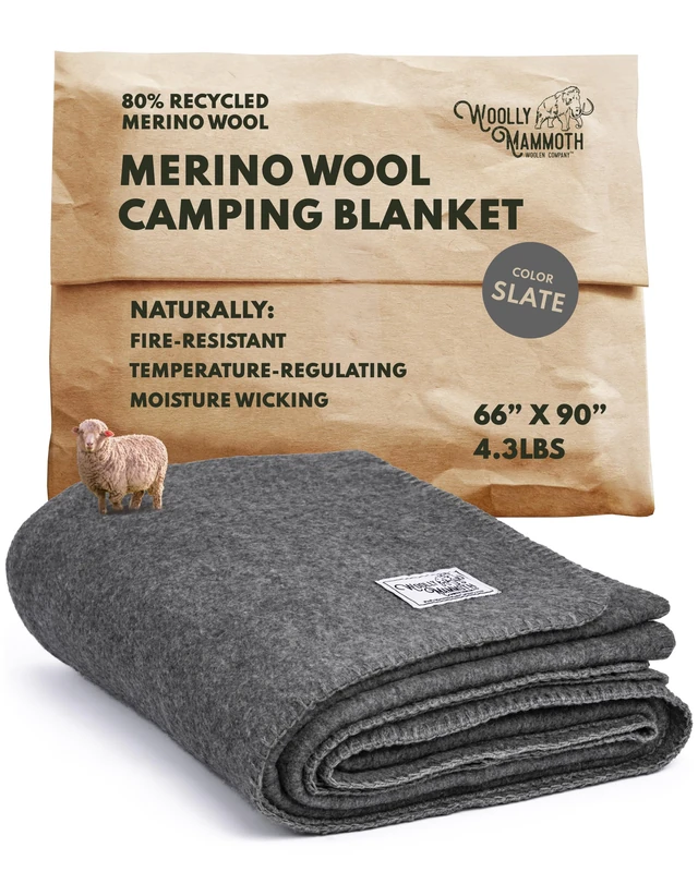 Woolly Mammoth Woolen Company Merino Wool Travel Blanket - 66 x 90 In, Grey - Picnic Blanket with Heavyweight Insulation for Camping Essentials