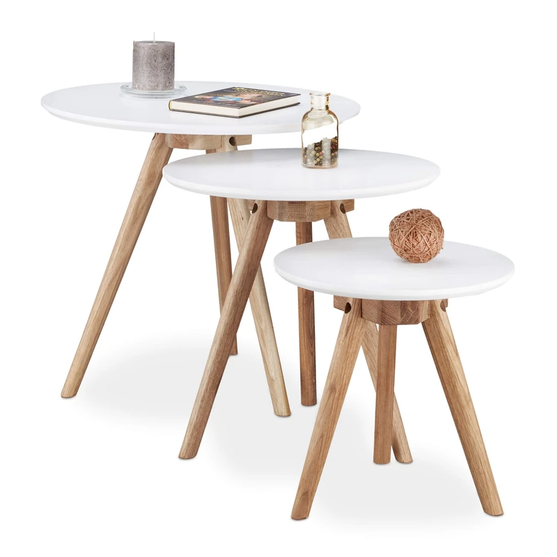 Relaxdays Set of 3 End Tables made of Walnut Wood, White Table Top of 50, 40 and 32 cm, in Nordic Design, White/Natural Brown