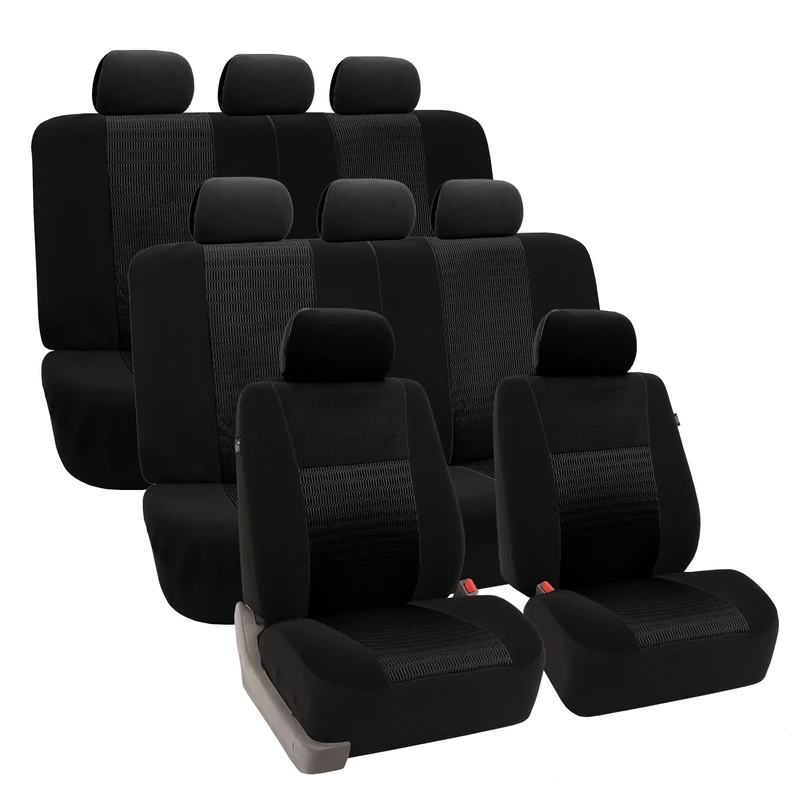 FH GROUP FH-FB060128 Three Row Trendy Elegance Car Seat Covers w. 8 Headrests, Airbag compatible and Split Bench, Solid Black color- Fit Most Car, Truck, Suv, or Van