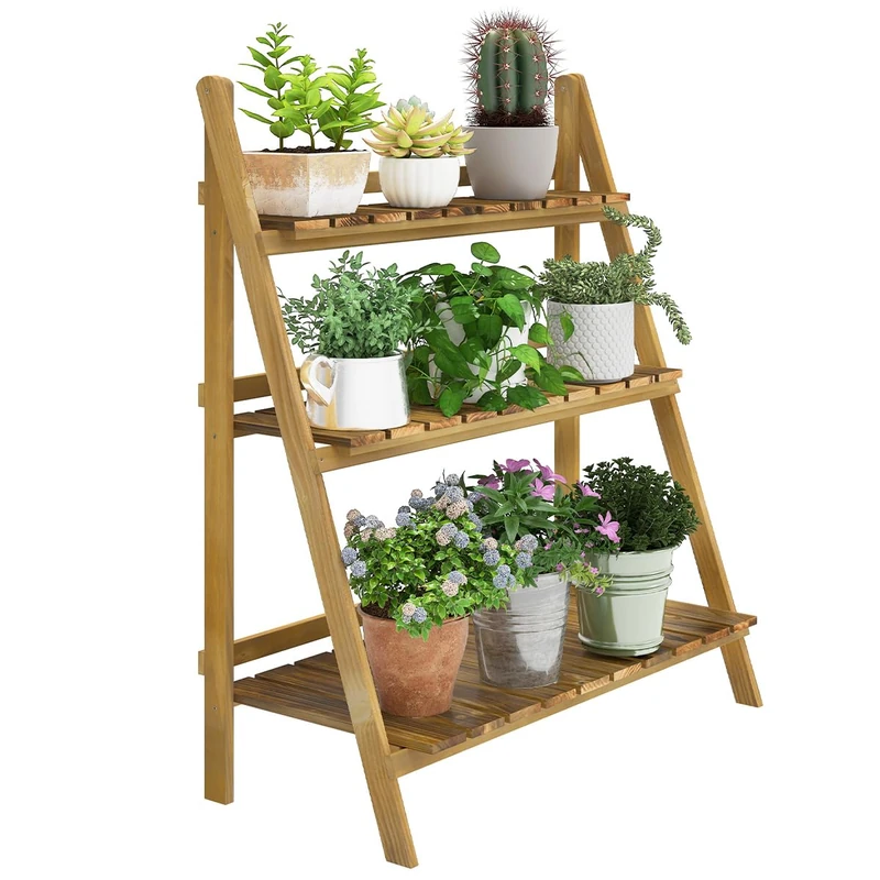 Outsunny 3 Tier Wooden Folding Flower Pot Stand - Garden Rack