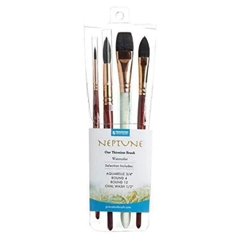 Princeton Neptune Fine Art Watercolours Brushes Pro Set, Synthetic Squirrel, 4 Piece Brush Set, Short Handle, For Professionals & Students