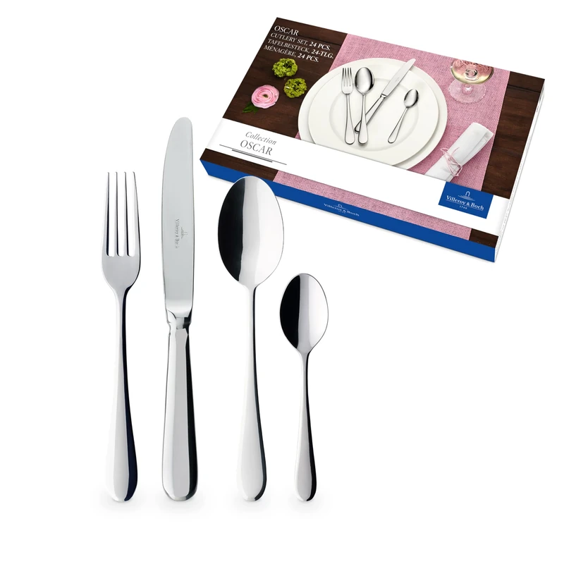 Villeroy & Boch – Oscar Cutlery Set 24 Pieces for 6 People, Dishwasher Safe, Rustproof, Knife, Fork, Spoon, Luxury Cutlery Set, Dinner, 18/10 Stainless Steel