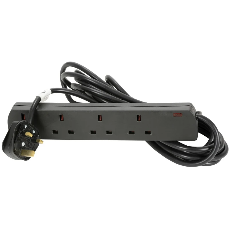 Mercury | UK 4 Gang Extension Lead, Black 5.0m - BS1363/A Compliant, 13A Rating, Keyhole Slots for Wall Mounting, Compact Slimline Design, Voltage 230Vac, Ideal for Home and Office Use