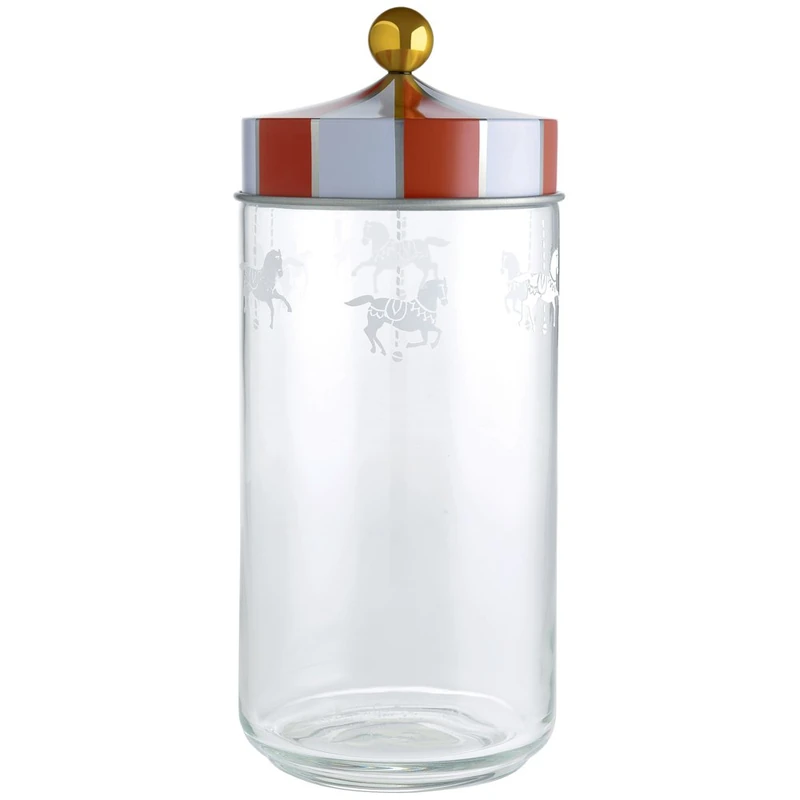 Alessi MW30/150 Jar in Silk-Screen Glass with Hermetic Lid in Tinplate, Multi-Colour, 10.5 x 10.5 x 12 cm - Image 1