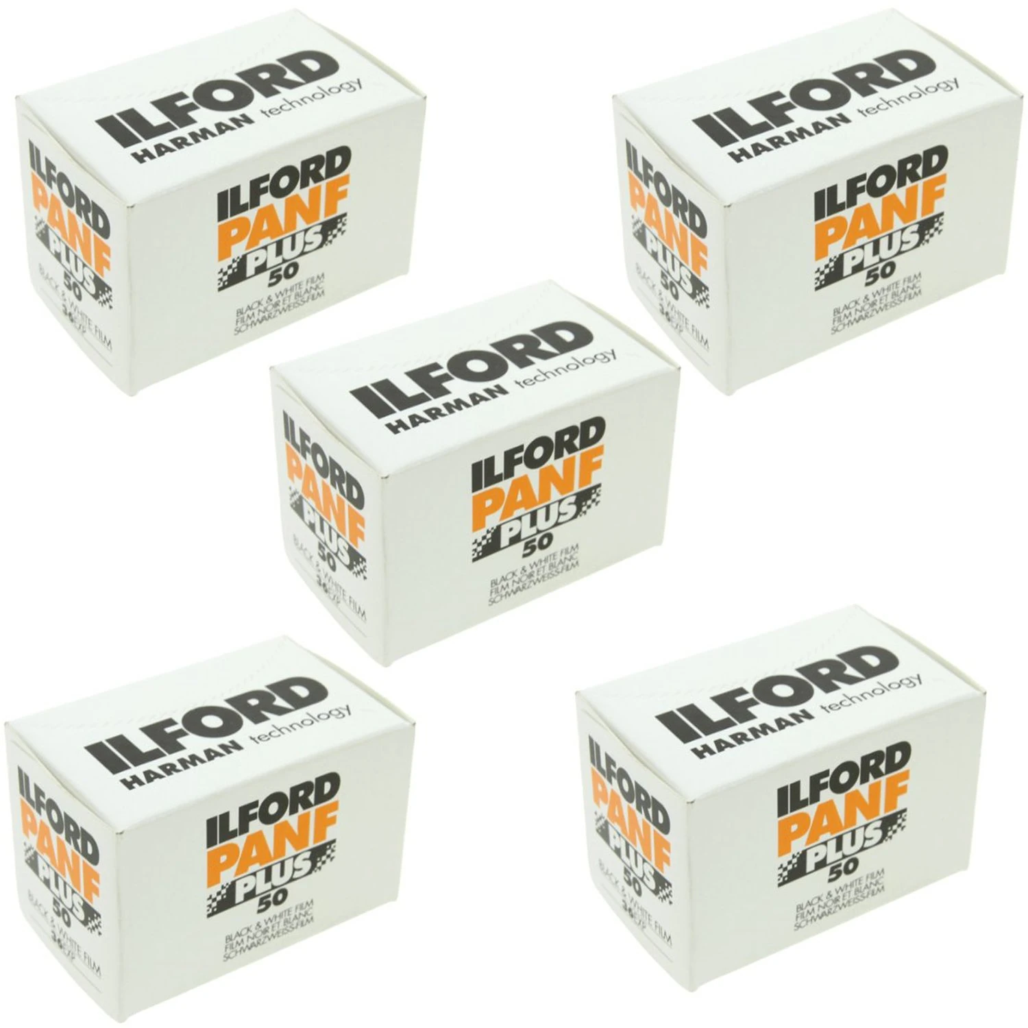 5 Pack of Ilford PAN F Plus, Black and White Print Film, 135 (35 mm), ISO 50, 36 Exposures (1707768)