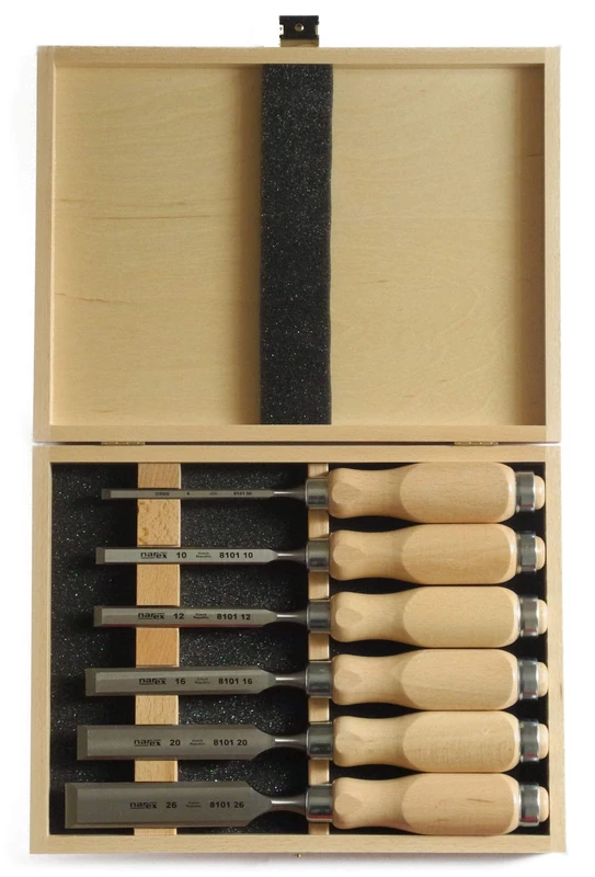Narex Chisel Set with Wooden Handle Bevelled Edge in a Wooden Box Set of 6 Pieces